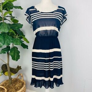 Chic By Jacob Navy Blue Tan Pleated Sheer Stripe Dress